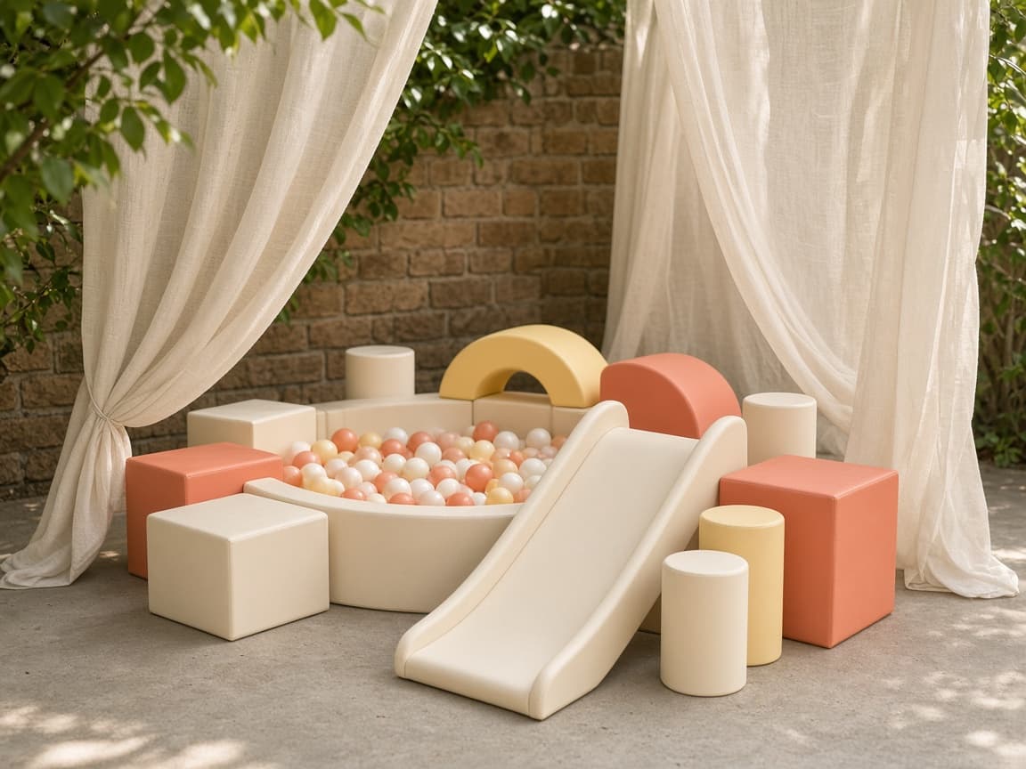 A pastel soft-play setup on a sunny patio