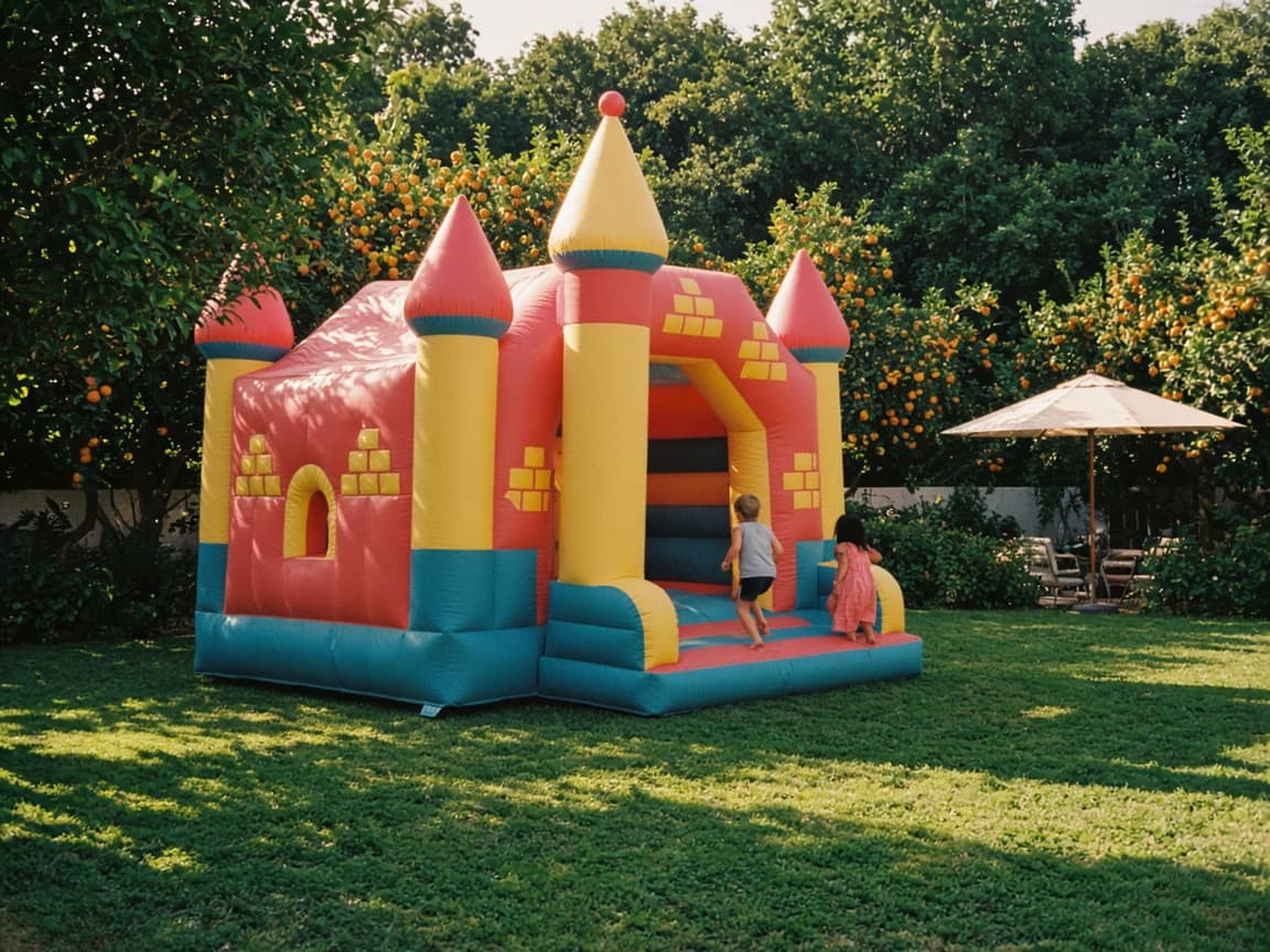 Bounce house on a backyard lawn